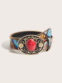 1条复古波西米亚风玛瑙装饰金属扣西部牛仔时尚腰带，适合搭配裙子、连衣裙，日常穿着，时尚百搭，户外活动，派对，圣诞节，情人节，返校季，万圣节，音乐节，秋冬季配饰，四季皆宜，适合女性、母亲节、通勤、度假、毕业礼物、生日配饰 - 紅色松石多色 - 查看 7