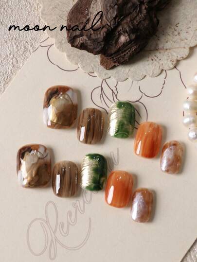 10 szt. nakładek na paznokcie, brązowo-zielono-pomarańczowe, nakładek na paznokcie, krótkie paznokcie, sztuczne paznokcie, zestaw do sztucznych paznokci, zawiera 1 arkusz samoprzylepnych zakładek i 1 mini pilnik