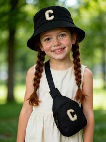 Kids Personalized A-Z Letter Patch Black Bucket Hat & Sling Bag Set - Unisex Adjustable Bucket Hat And Crossbody Bag, Cute Preppy Outfit Accessory - Black - View 2