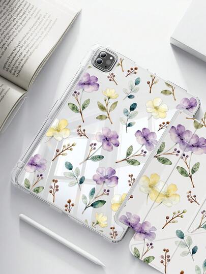 A Beautiful And Adorable Cartoon Anime-Style Ink Wash Yellow And Purple Floral Pattern Double-Sided Acrylic Crystal Clear Back Cover, Shock-Proof, Suitable For IPad 7th, 8th, And 10th Generation (10.2 Inch), With Built-In Pen Slot, Supports Sleep/Wake Function, An Ideal Gift Choice.