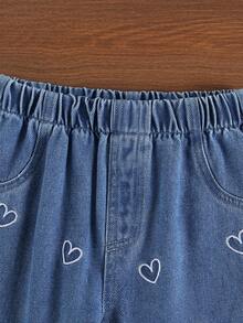 1件装女童休闲可爱爱心图案牛仔喇叭裤，百搭街头风户外日常穿着 - 中等水洗藍 - 查看 4