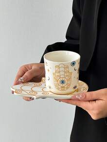 1 Set Taza y platillo de café de ojo de demonio de cerámica, taza de té y café artesanal de alta estética, adecuado para el hogar, restaurante, cafetería - Taza de desayuno, taza de té, taza de café linda, creativa y personalizada, regalo perfecto para cumpleaños y días festivos - Multicolor - Ver 7