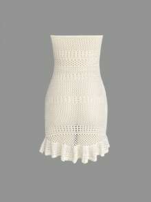 女士夏季法式性感镂空透视抹胸腰部荷叶边下摆设计无袖露脐上衣迷你连衣裙 - 杏色 - 查看 6