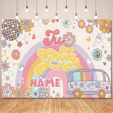 1 peça de painel fotográfico personalizável com tema hippie e ônibus para aniversário, com decoração vibrante de margaridas e arco-íris. Ideal para decoração de mesa de bolo em festas de aniversário, chá de bebê e outras comemorações. Banner em vinil. - Laranja - Ver 3