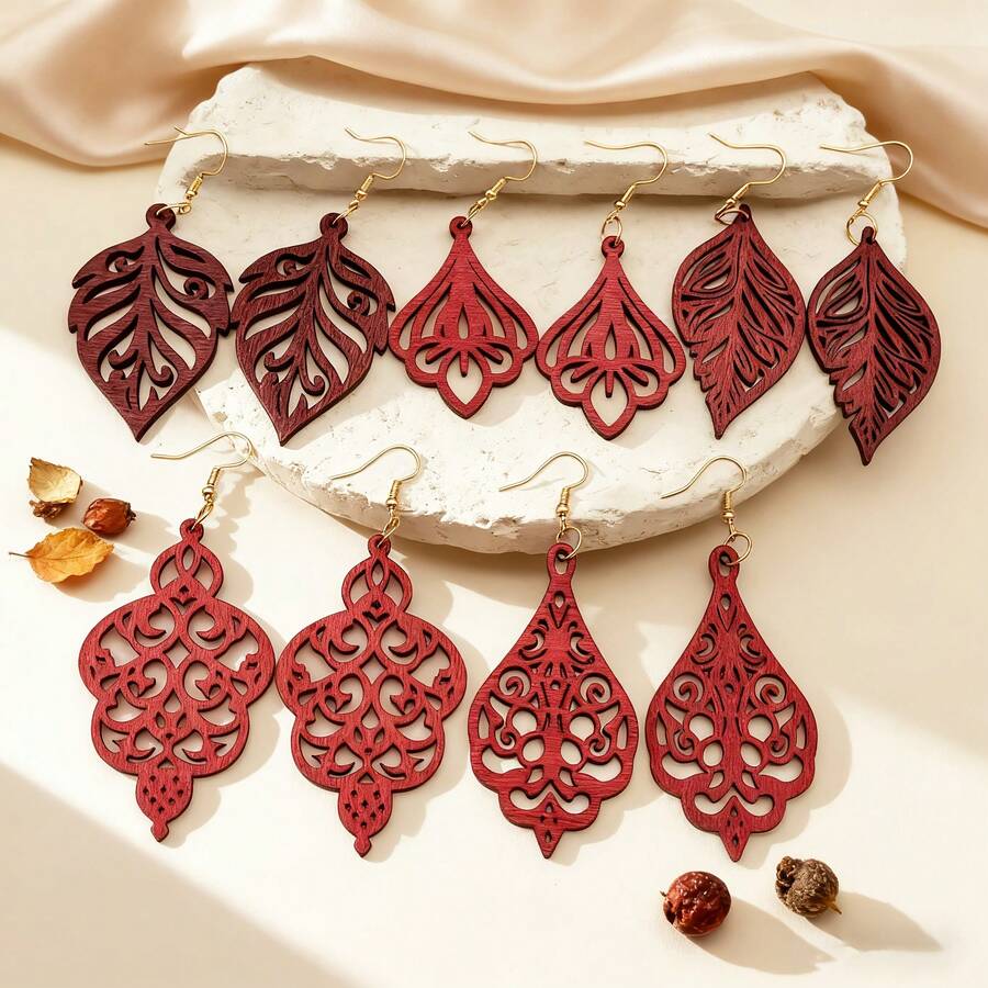5 pares de pendientes de madera tallada con diseño de hojas y flores, estilo vintage, adecuados para uso diario, viajes, festivales y fiestas - Burdeos - Ver 1