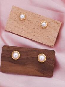 1 Pair/2pcs Minimalist Retro Round Button Faux Pearl Earrings, Women's Stainless Steel Jewelry (No Gift Box) - Gold - View 7