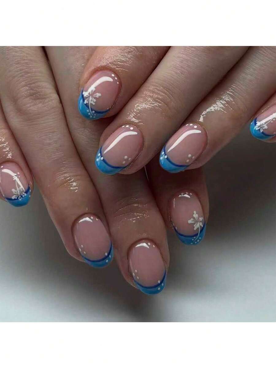 24片装短款椭圆形3D凝胶美甲，打造花朵美甲造型，法式亚克力按压式美甲，短款完美贴合假指甲套装，包含：1片果冻胶和1个指甲锉，易于佩戴，适合夏季美甲和法式美甲，适合女性和女孩日常、派对等场合。 - 彩色 - 查看 1