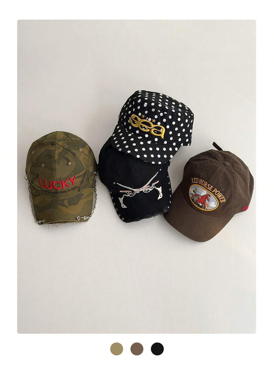 Vintage American Embroidered Letter Camo Distressed Brim Baseball Cap, Unisex Punk Chain Street Snapback Hat With Embroidered Guns & Bones Rivet Distressed Washed Black Denim Curved Brim Cap,Summer,Beach - Multicolor - View 1