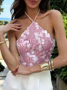 Women's Sequined Halter-Neck Backless Tie-Front Tank Top Designer-inspired High-Fashion Women's Wear Summer Clothing - Rosa - Ver 2
