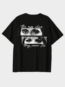 Women's dropped-shoulder sweatshirt, cotton top, dialogue-themed black/white pure cotton short-sleeved T-shirt, spring/autumn round-neck loose-fit oversized sweatshirt - 黑色 - 查看 4