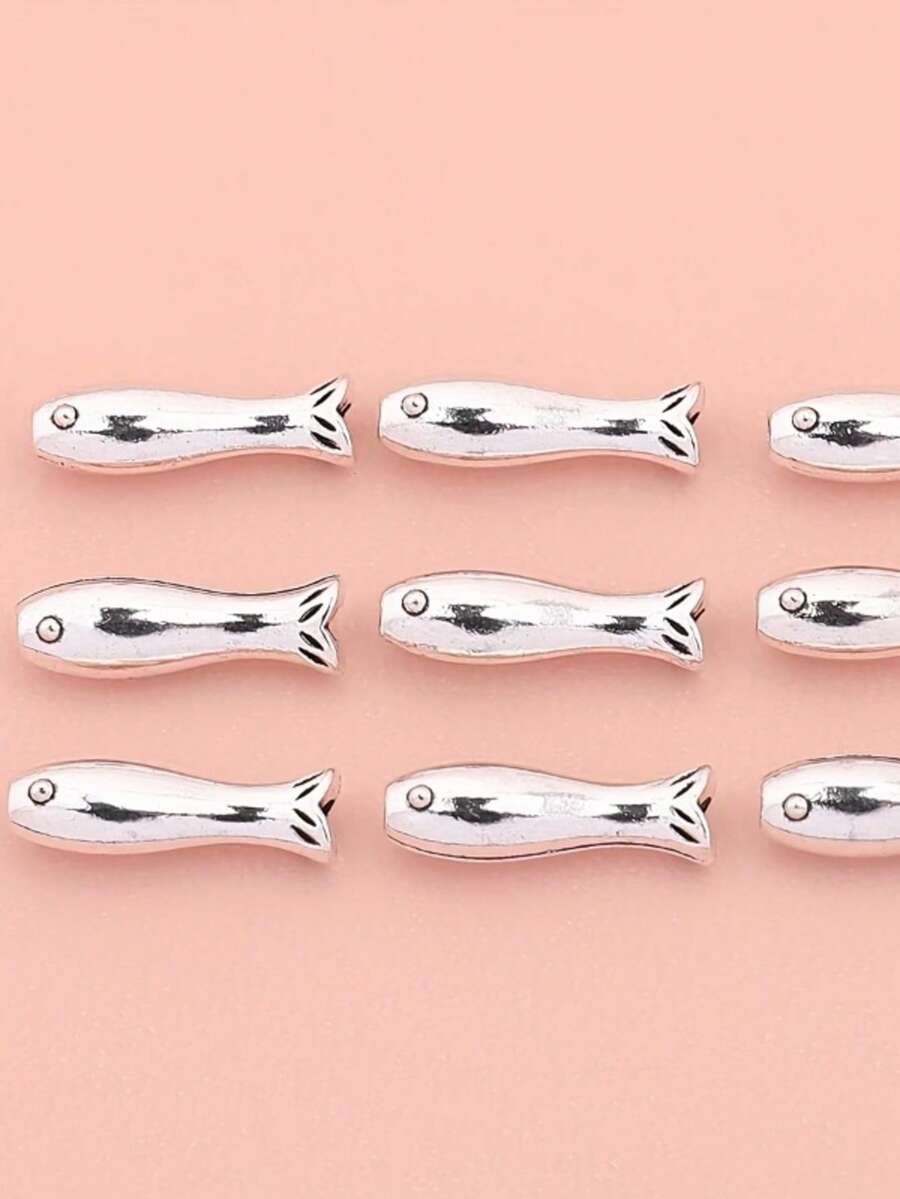 10/20/30pcs Small Fish Spacer Beads, Decorative Spacers, Round Spacer Beads, Zinc Alloy Accessories For Necklace Bracelet Earrings Jewelry Making, DIY Craft Supplies, Holiday Accessories - Silver - View 1