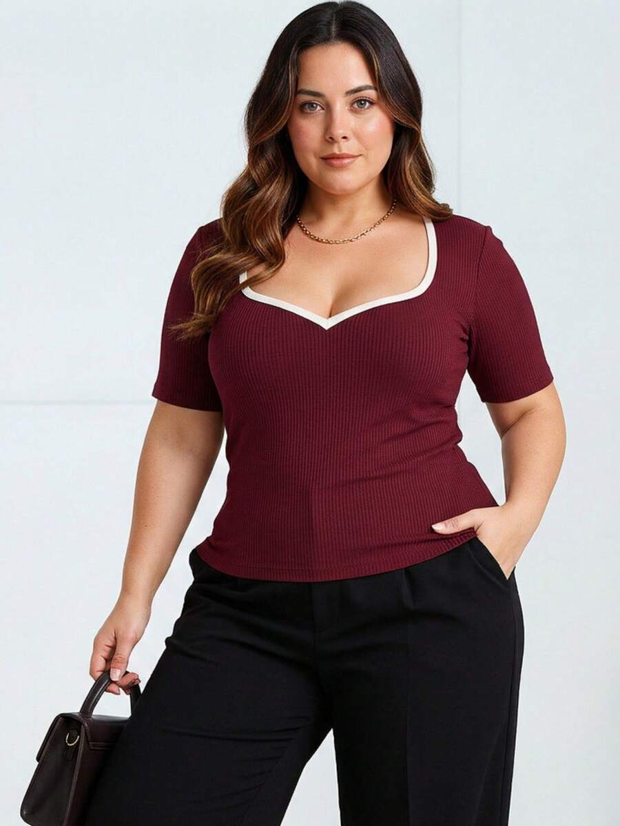 Women's Plus Size Blouse, Sweetheart Neck, 3/4 Sleeve, Irregular Fabric, Everyday Summer - Gỗ đỏ - Xem 1