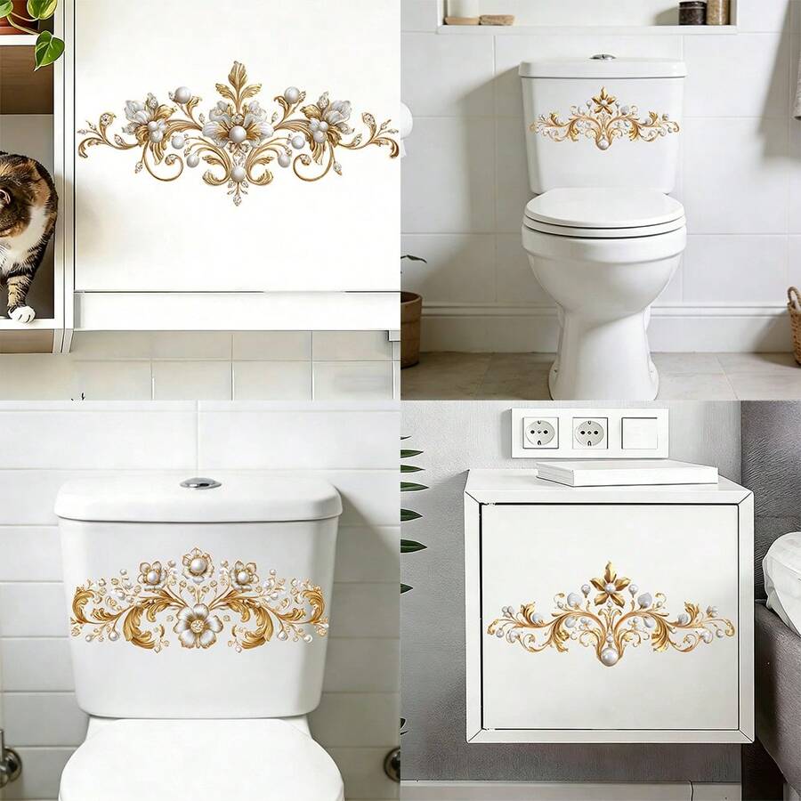 1pc European Retro Gold Floral Decoration Sticker, PVC Self-Adhesive Detachable, Suitable For Multiple Scenarios Such As Toilet Seat/Wall/Mirror/Wardrobe, Home Bathroom And Living Room Decoration, Suitable For All Seasons, Festive Atmosphere Decoration - 1PC - View 1