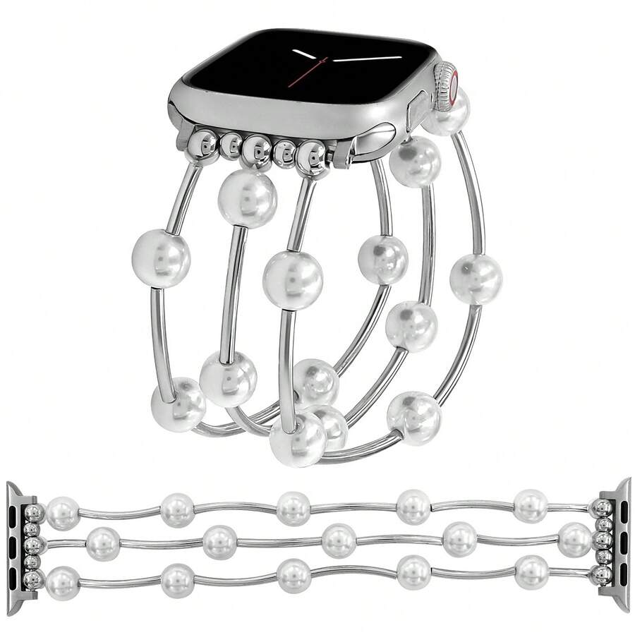 1条奢华夸张仿珍珠弹力手链表带，兼容表带38mm 40mm 41mm 44mm 45mm 49mm（S10 42mm）（S10 46mm），时尚复古魅力手链表带，兼容 Series 11 Ultra 3 SE3 Ultra 2 S10 SE2 9 8 7 SE 6 5 4 3 2 1，适合搭配各种服饰，日常佩戴，假日休闲。 - 銀色 - 查看 1