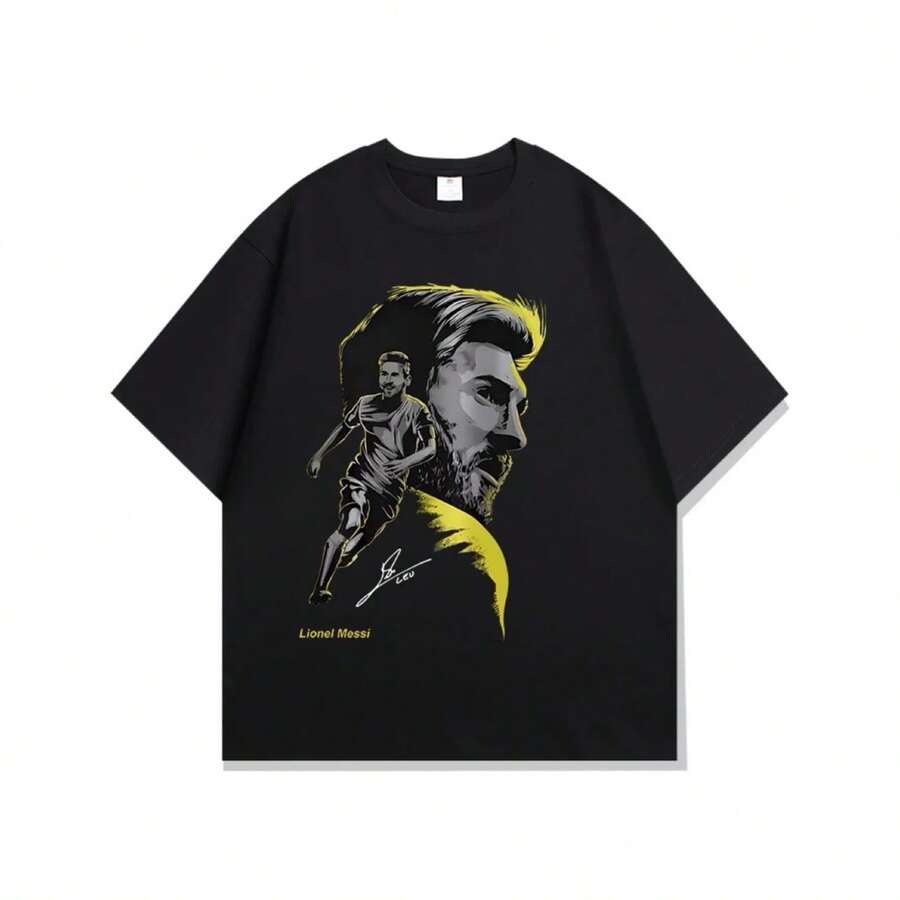 Lionel Messis Minimalist Art Graphic T-Shirt  Soccer Star Fan Casual Short Sleeve - 黑色 - 查看 1