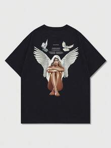 FRACTYR Men's Summer Casual Street Fashion Sacred Angel Goddess Double-Sided Print Loose Fit Round Neck Short Sleeve T-Shirt - Black - View 4