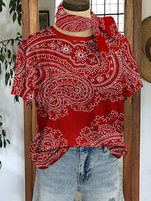 Women's Red Paisley Print Short Sleeve T-Shirt & Bandana Scarf Set, Casual Summer Top - 紅色 - 查看 2