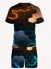 Conjunto de 2 piezas para hombre, modelo 10100260212, casual, conjunto fresco, camiseta deportiva divertida con cuello redondo y mangas cortas, junto con pantalones cortos, esencial para vacaciones, impresión digital 3D, adecuado para viajes y uso diario, regalo perfecto de vacaciones para hombres. - Colores mixtos - Ver 6