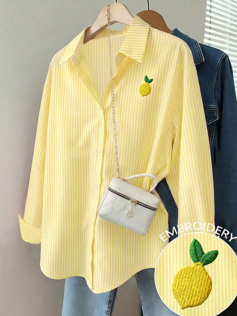 Women's Casual Versatile Striped Shirt, Lemon Embroidered Collar Design, Long Sleeve Button-Up, Suitable For Spring/Summer Everyday Office Wear White - White - View 1