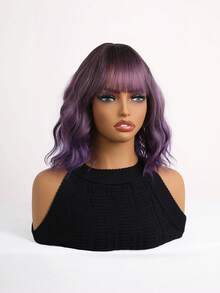 梅紫色波浪卷波波头带假发 - 逼真合成发丝，耐热，适合日常佩戴 - 紫色 - 查看 3