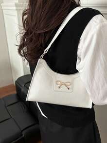 Solid Color Lacquered Leather Minimalist Luxury Baguette Bag - White - View 2
