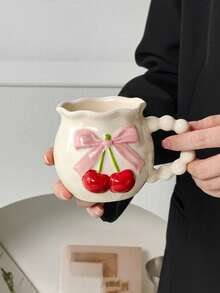 1件优质压花樱桃陶瓷杯，手绘蝴蝶结设计，粉色少女风，办公室咖啡杯，家用下午茶拿铁杯，果汁饮料杯，早餐牛奶杯，情侣水杯，节日礼物马克杯 - 彩色 - 查看 14
