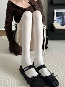 1双米色/黑色薄款透明甜美蝴蝶结拼接长筒袜，适合春夏穿着 - 彩色 - 查看 8