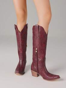 Western Boots For Women Floral Embroidered Pull On Boots Pointed Toe Chunky Heel Long Boots Classic Cowboy Cowgirl Boots Knee High Western Boots For Dressy Party Walking Shoes - 酒紅色 - 查看 6