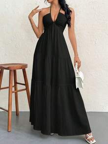 Women's Floral Printed Beach Vacation Halter Pleated Backless A-Line Dress Summer Hawaii,Summer Dresses Women,Tea Party Dress,White Graduation Dress - 黑色 - 查看 5