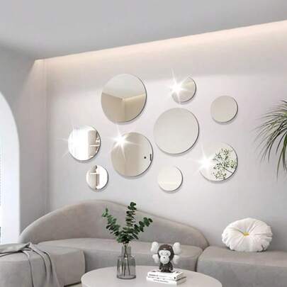 9pcs/Set Round Acrylic Mirror Wall Stickers, Rose Gold/Silver/Black/Gold, Suitable For Living Room, Bedroom, Sofa, Backdrop, Mall, Shop Decoration, Home Decor, Waterproof And Shockproof, Gift