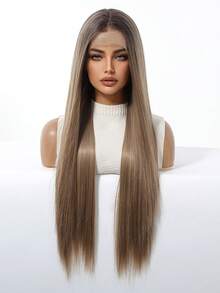渐变金发长直发假发，金发与棕色混合，中分蕾丝前假发，女士高光合成假发，30英寸耐热纤维，日常佩戴，进口丝绸，适合派对、婚礼、音乐节、圣诞节等场合，高品质舒适，自然逼真。 - 漸層棕色 - 查看 4