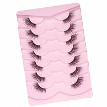 7对短款3D半条仿貂毛假睫毛，透明梗，猫眼款式，自然妆效 - 黑色 - 查看 6