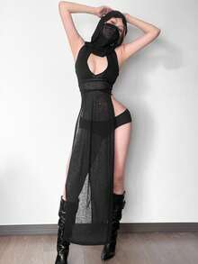 Áo tank top dài có mũ trùm đầu xẻ tà bên hông Kliou với chi tiết khoét hở, chất liệu vải dệt kim mỏng, dài, vạt áo bất đối xứng, chất liệu co giãn cao, kiểu dáng thường ngày. - màu đen - Xem 5