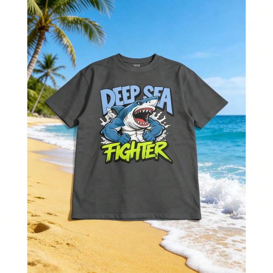 Playera Oversize 100% Algodón con Estampado de Tiburón "Deep Sea Fighter" – Estilo Fuerte y Casual - Negro - Ver 1