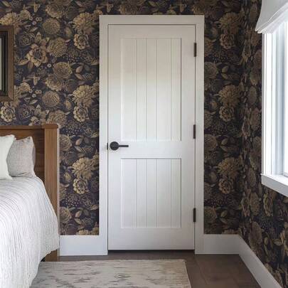 金色花卉自粘壁纸，可移除黑色背景壁纸，适用于客厅、卧室墙面、家具翻新