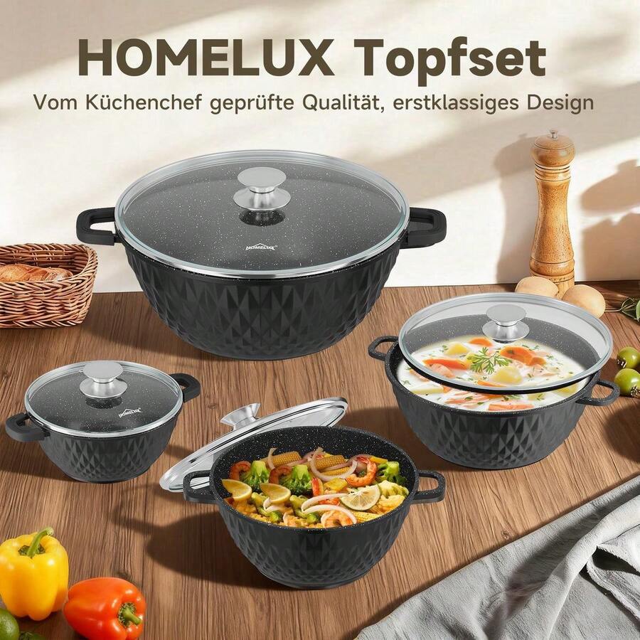 8 pièces Ensemble de casseroles à induction 20/24/28/32 cm avec couvercle. Construction en aluminium de haute qualité - léger, distribution de chaleur rapide et couvercle en verre stable - permet une vue dégagée du processus de cuisson, résistant aux hautes températures. Poignées ergonomiques - particulièrement résistantes aux hautes températures et antidérapantes, assurant une manipulation aisée. - Voir 1