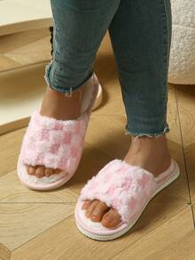 Plush One-Toe Open Slippers For Women, Simple Fluffy Indoor Couple Slippers - Pink - View 3
