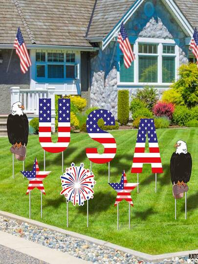 Bộ 7 biển hiệu trang trí sân vườn ngày Quốc khánh (bao gồm cả giá đỡ), trang trí ngoài trời mang tinh thần yêu nước, biển hiệu cờ Mỹ, trang trí yêu nước | Trang trí ngày động, trang trí ngày Cựu chiến binh