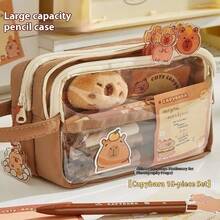 Case 33-Piece Cute Capybara Pencil Case Set - Kawaii 5-Layer Transparent Pen Bag With Compartments, Large Capacity Multi-Functional Student Stationery Set Includes Pins, Stickers & Notebook - 5-layer Multi-functional Pencil Case That Can Be Carried By Hand - View 4