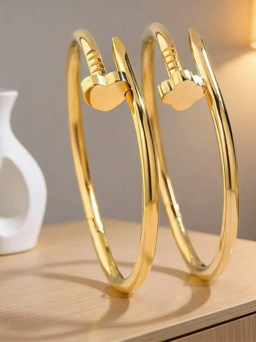 Bộ 2 vòng tay bằng thép titan đính đá, chống thấm nước và chống phai màu, phụ kiện thời trang tối giản và thanh lịch, vòng tay đa năng bán chạy. - Vàng - Xem 1