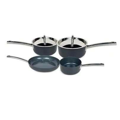 Cookware Set Of 4 Pieces With Stainless Steel Handles And Lids In Hard Anodised Grey.