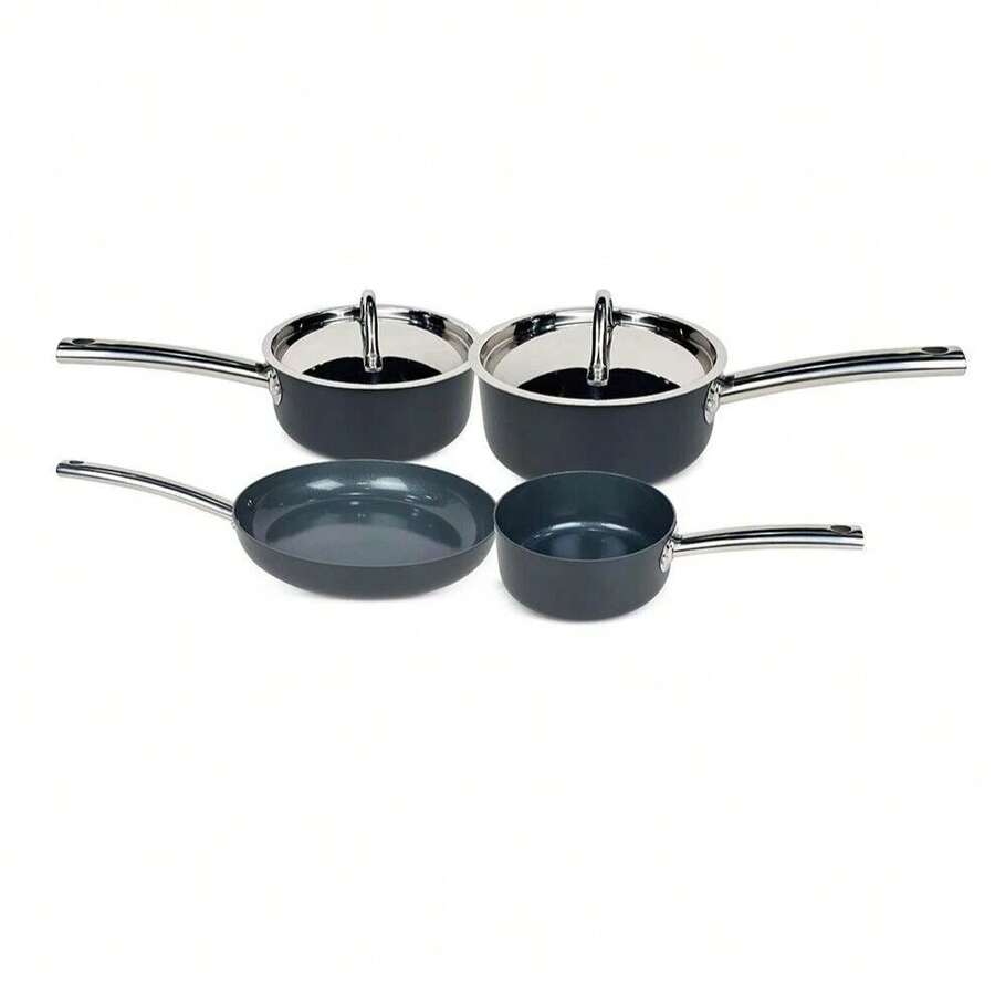 Cookware Set Of 4 Pieces With Stainless Steel Handles And Lids In Hard Anodised Grey. - View 1