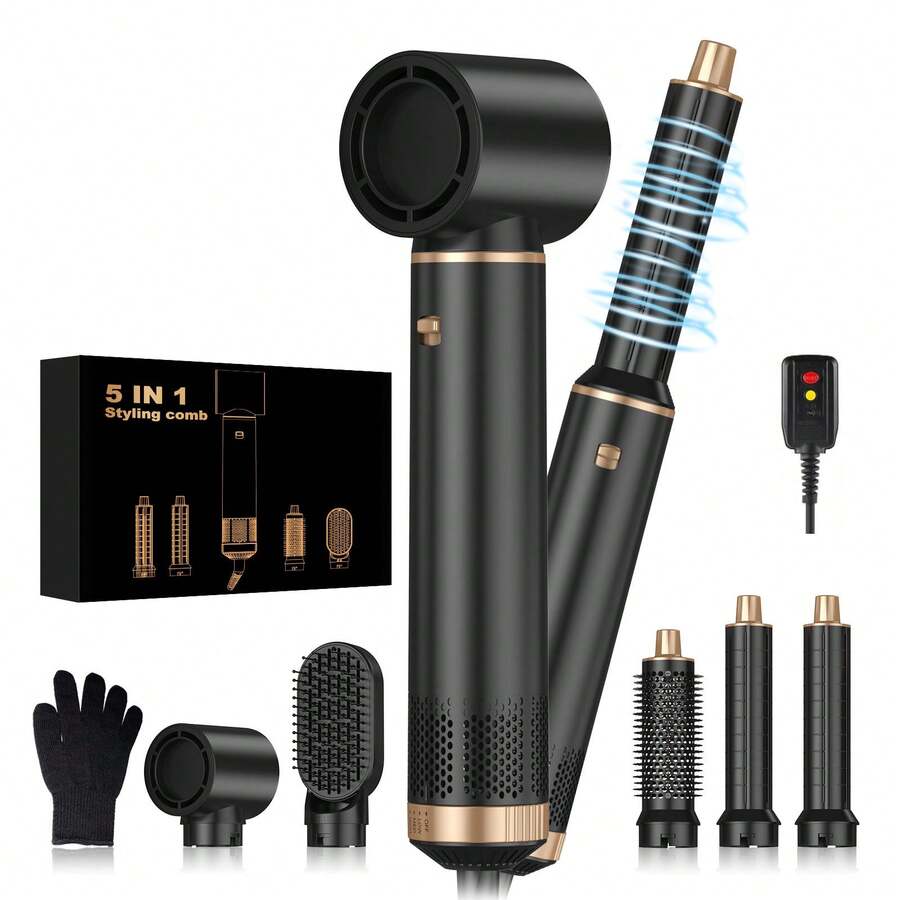 Ultimate 5-In-1 Black Gold Hot Air Brush Styler With 800W High Power For Fast Drying Curling And Straightening All Hair Types In One Step - Xem 1