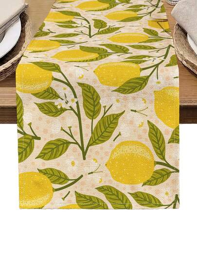 1pc Lemon Pattern Printed Table Runner, 4pcs Lemon Printed Placemats, Suitable For Holidays, Parties, Birthdays, Dinners, Kitchen & Dining Room Decor, Applicable For All Seasons, Home Textile Decoration