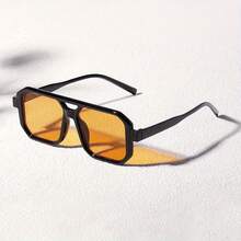 1 Pair Men's Black Square Flat-Top Glasses, PC Frame Retro Wide Leg Anti-UV Rivet Personalized Street Style Fashion - Black - View 5