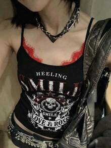 Women's Y2K Punk "Smile Love & Rose" Graphic Print Cami Top - Black Spaghetti Strap Crop Tank With Red Lace Trim, Grunge Streetwear Vacation Going Out Top, Summer Outfits For Women, Valentine's Day Outfit, Party Outfit, Music Festival Outfit, Romantic Date Outfit, Holiday Outfit, Spring Summer Daily Wear, Carnival Outfit Casual - Black - View 4