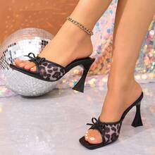 Fashionable Leopard Print Mesh High Heel Mule Sandals, Square Toe Stiletto Slip-On Dress Sandals For Women - Mauve Purple - View 4