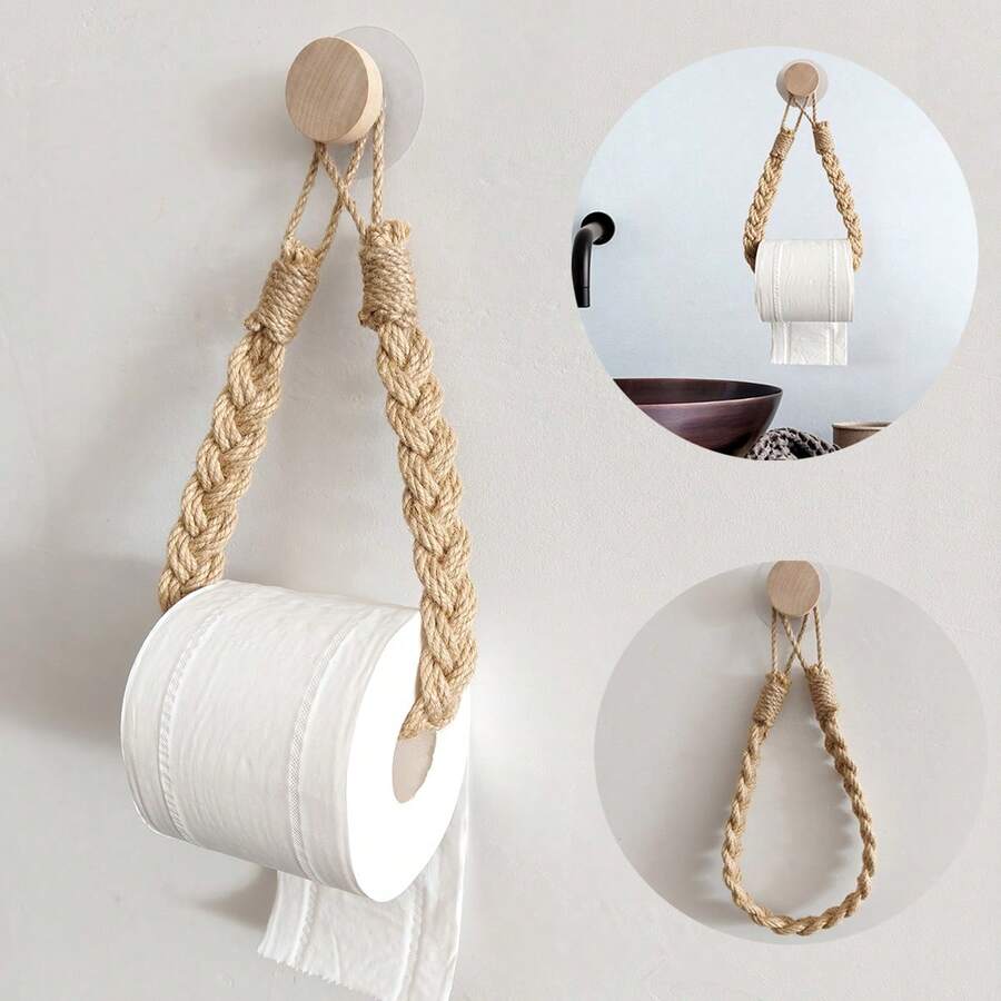 1pc Creative Woven Toilet Paper Holder, Bathroom Tissue Roll Rack, No Drill Toilet Paper Hanger, Toilet Paper Hanging Rope - Style a Khaki - View 1