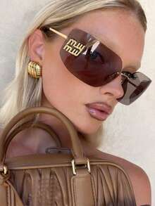 1 Pair Y2K Style Frameless Fashion Fashion Glasses For Women, Curved Frame, Personalized Glasses - Brown - View 1