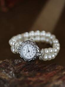 Reloj de cuarzo para mujer con cuentas redondas y diseño de moda, adecuado para combinar a diario como regalo de cumpleaños/graduación, con escala de números arábigos - Blanco - Ver 2